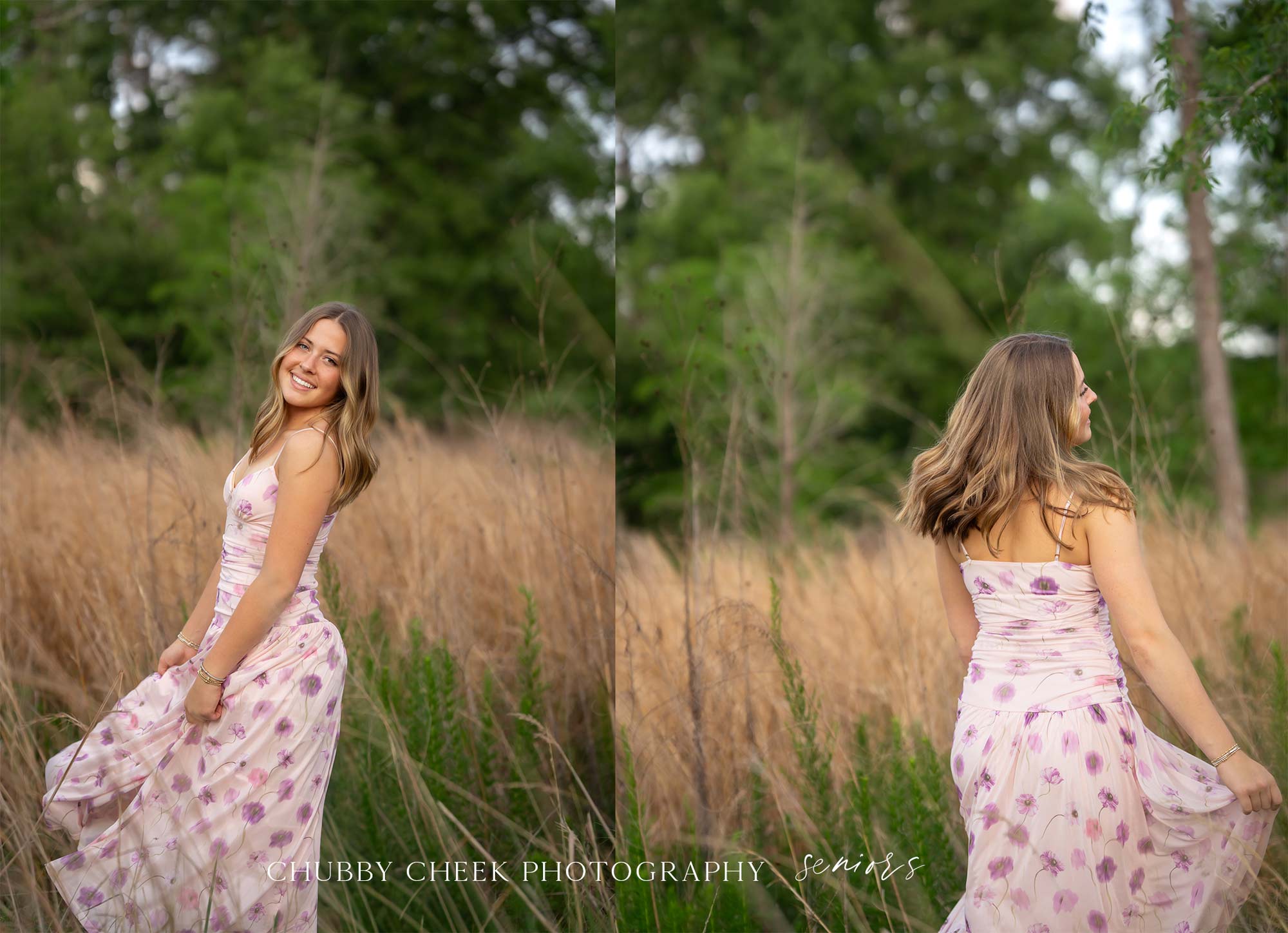 senior girl in a flowy dress twirling in a field at golden hour in houston